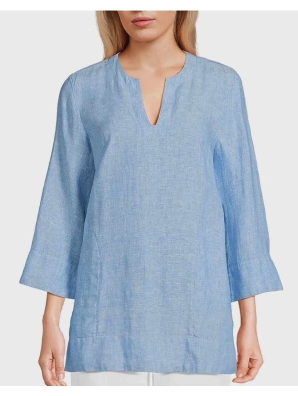 Lands End Women's Linen Blend Tunic Top Light Blue Beach Preppy Nautical